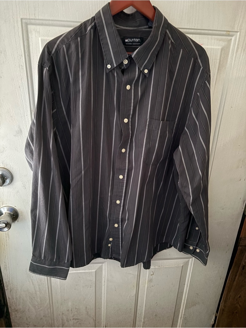 Puritan Men's Black Button-Down Shirt with White Pinstripes